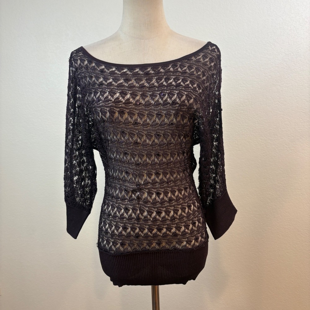 Bebe Crochet Top Womens XS Purple Vintage 90s Y2K Sequin Knit Indie Sleaze Boho